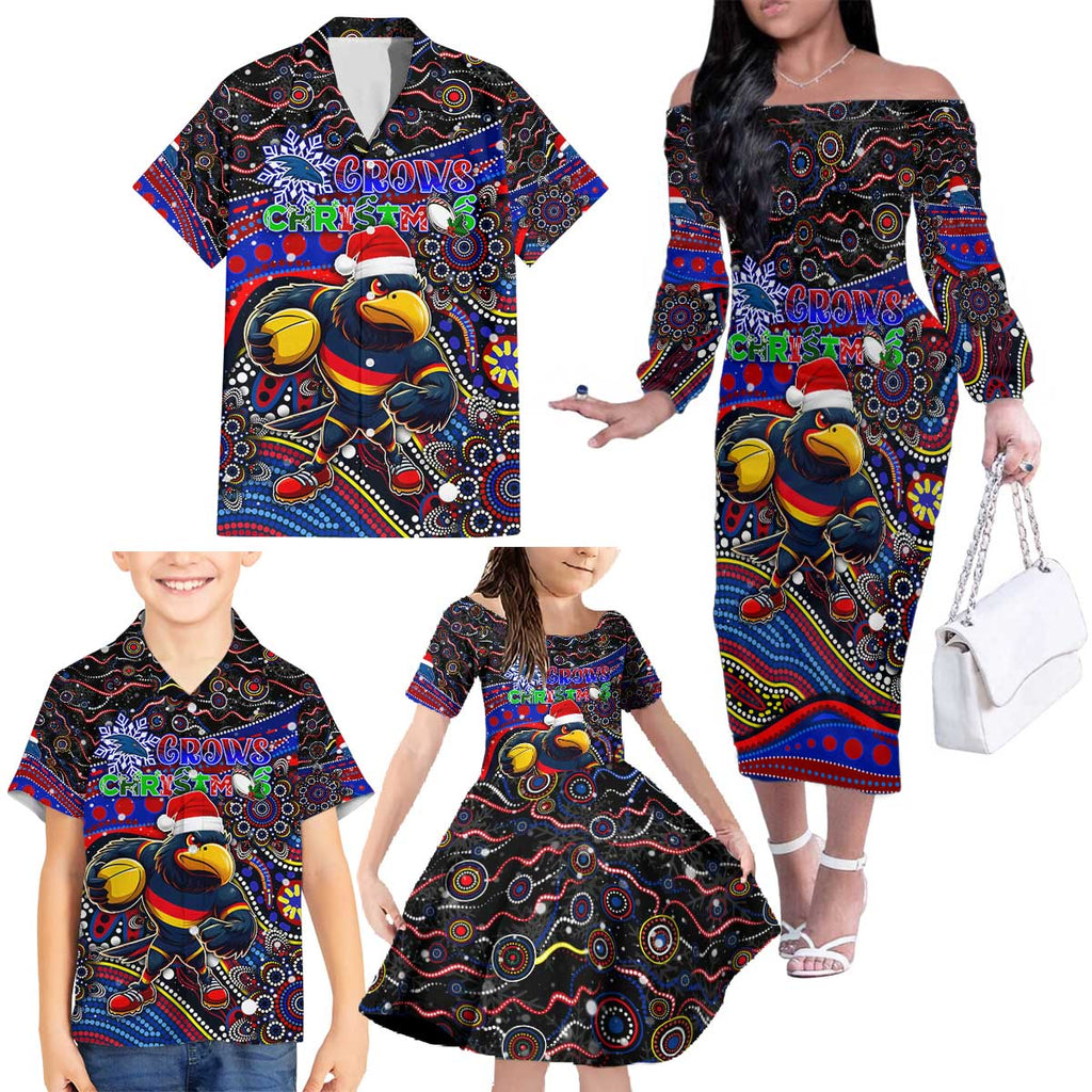Merry Christmas AFL Adelaide Crows Family Matching Off The Shoulder Long Sleeve Dress and Hawaiian Shirt Aboriginal Santa Football Mascot