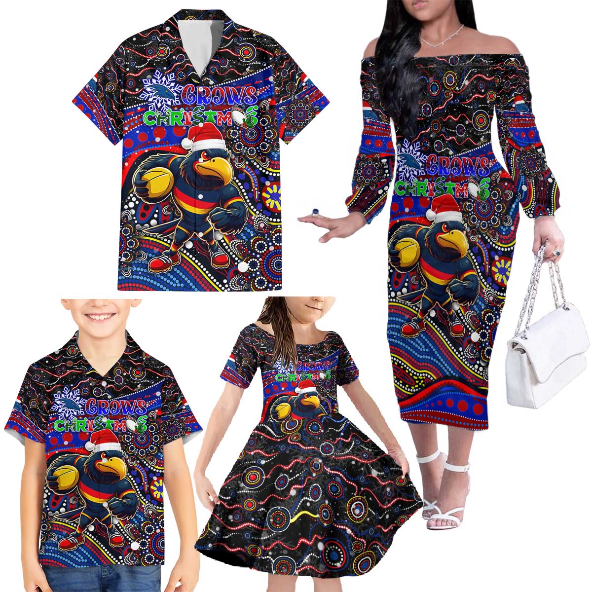 Merry Christmas AFL Adelaide Crows Family Matching Off The Shoulder Long Sleeve Dress and Hawaiian Shirt Aboriginal Santa Football Mascot