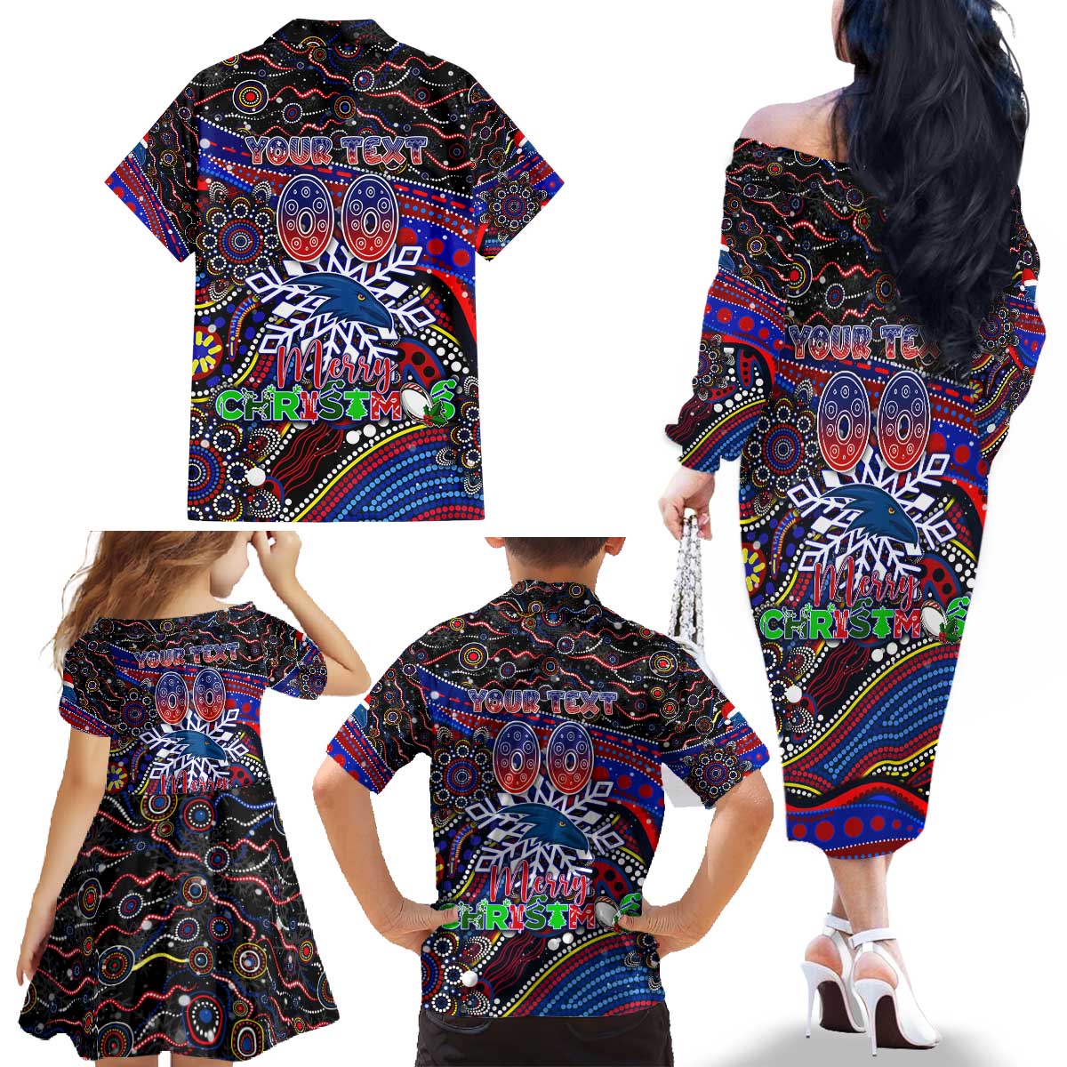 Merry Christmas AFL Adelaide Crows Family Matching Off The Shoulder Long Sleeve Dress and Hawaiian Shirt Aboriginal Santa Football Mascot