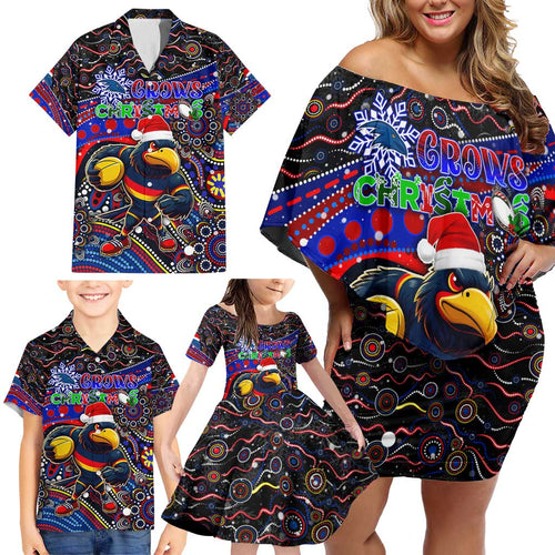 Merry Christmas AFL Adelaide Crows Family Matching Off Shoulder Short Dress and Hawaiian Shirt Aboriginal Santa Football Mascot