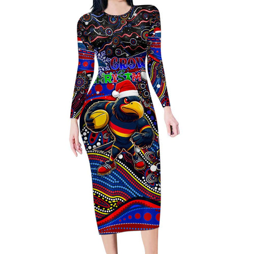 Merry Christmas AFL Adelaide Crows Long Sleeve Bodycon Dress Aboriginal Santa Football Mascot