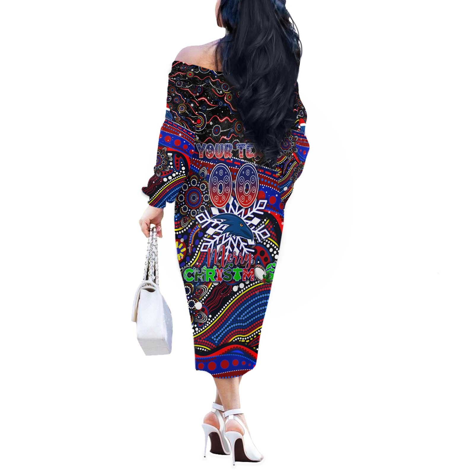 Merry Christmas AFL Adelaide Crows Off The Shoulder Long Sleeve Dress Aboriginal Santa Football Mascot