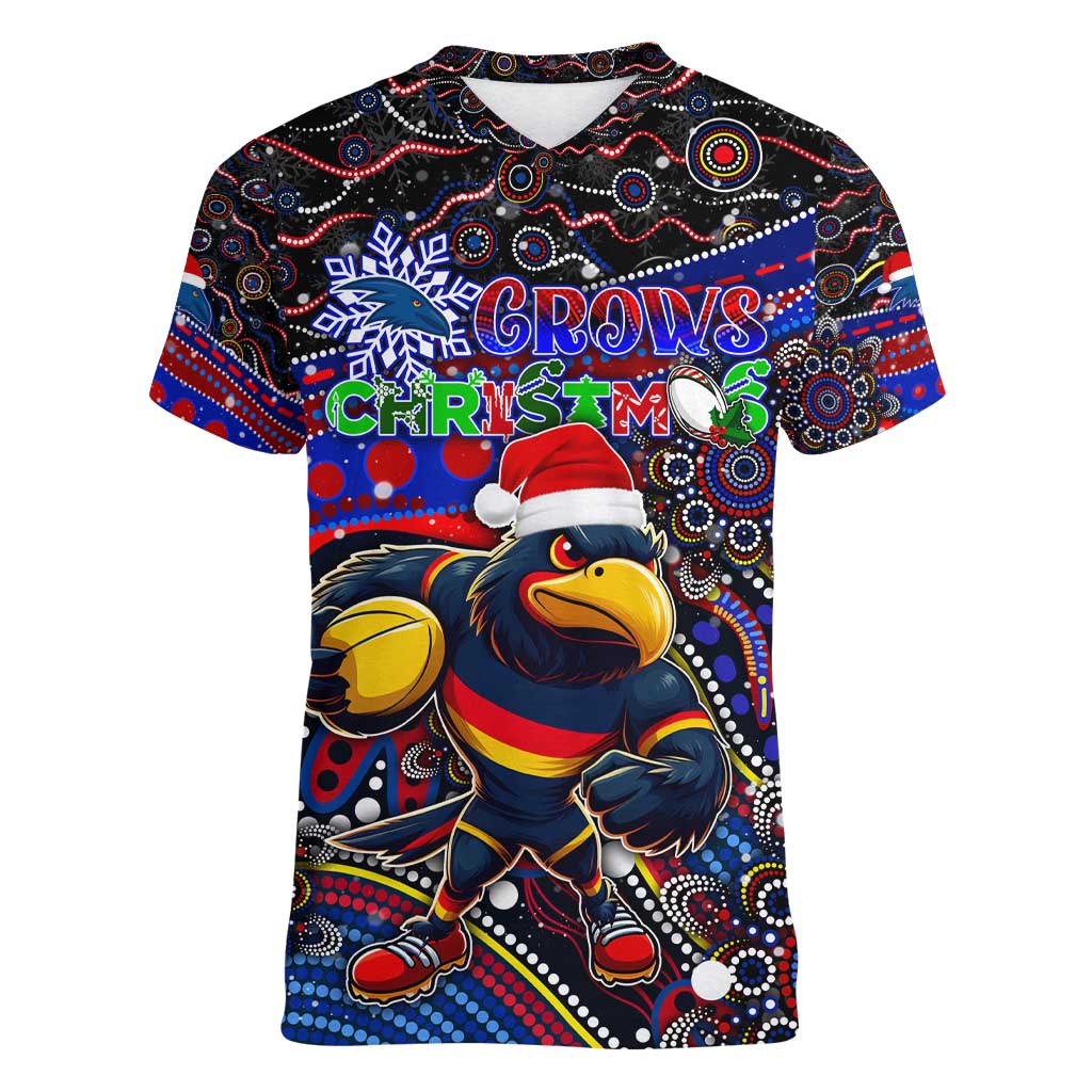 Merry Christmas AFL Adelaide Crows Women V-Neck T-Shirt Aboriginal Santa Football Mascot