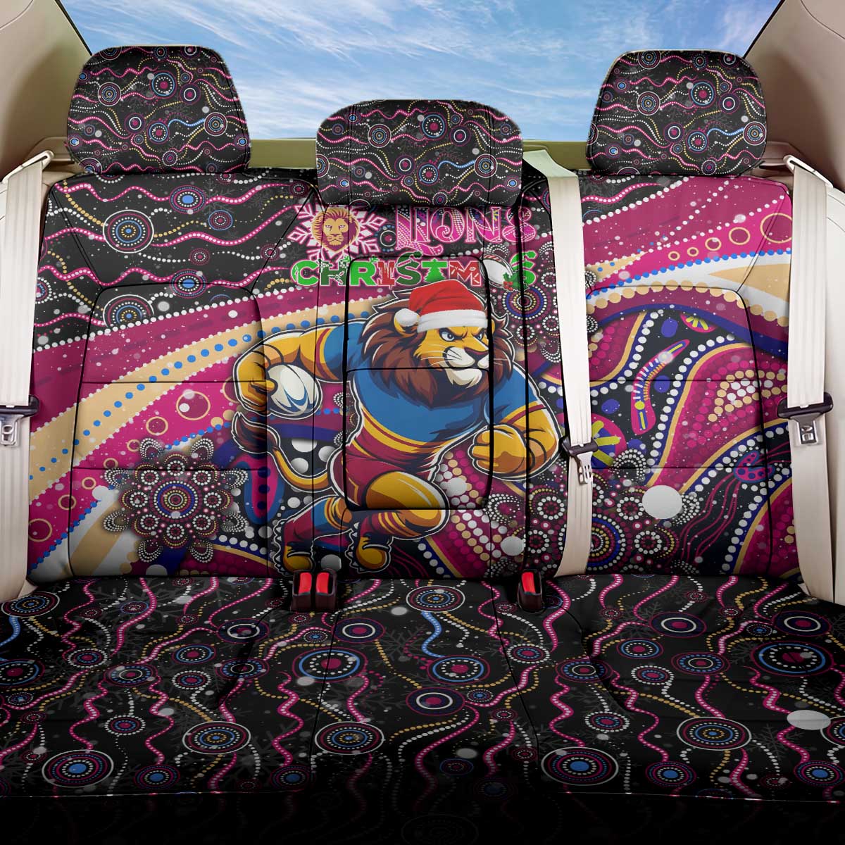 Merry Christmas AFL Brisbane Lions Back Car Seat Cover Aboriginal Santa Football Mascot