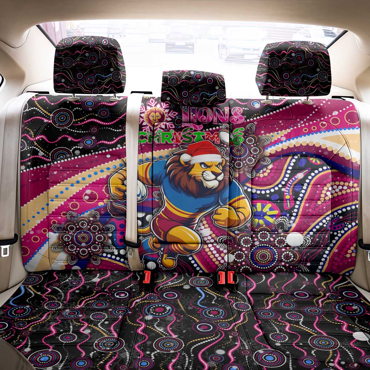 Merry Christmas AFL Brisbane Lions Back Car Seat Cover Aboriginal Santa Football Mascot