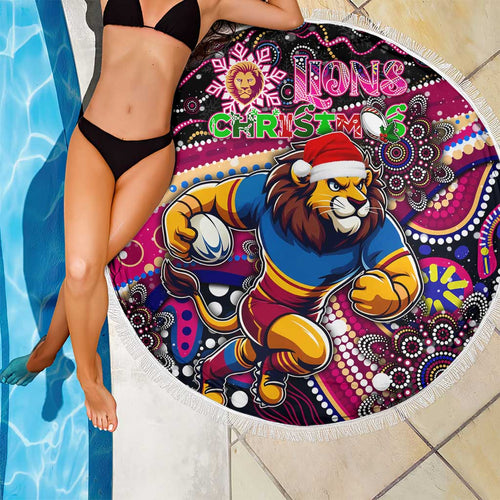 Merry Christmas AFL Brisbane Lions Beach Blanket Aboriginal Santa Football Mascot