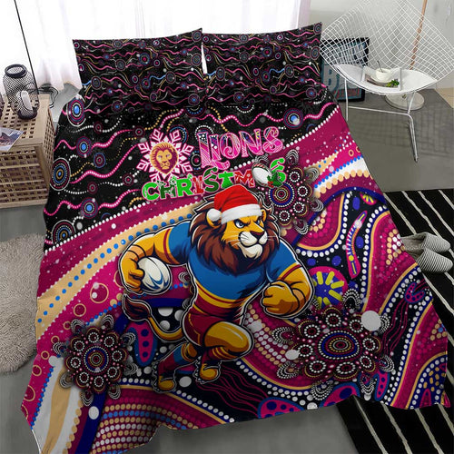 Merry Christmas AFL Brisbane Lions Bedding Set Aboriginal Santa Football Mascot