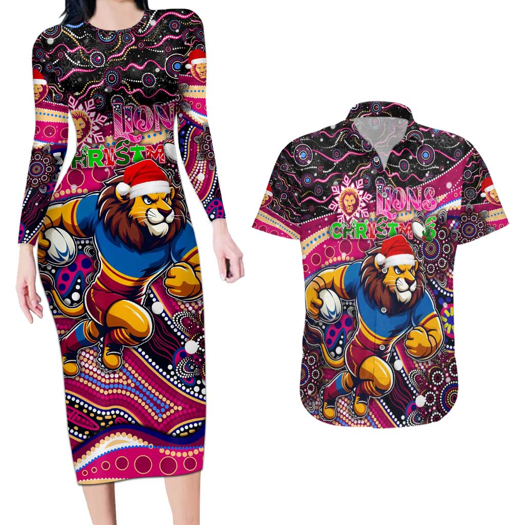 Merry Christmas AFL Brisbane Lions Couples Matching Long Sleeve Bodycon Dress and Hawaiian Shirt Aboriginal Santa Football Mascot