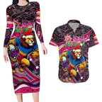 Merry Christmas AFL Brisbane Lions Couples Matching Long Sleeve Bodycon Dress and Hawaiian Shirt Aboriginal Santa Football Mascot