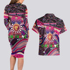 Merry Christmas AFL Brisbane Lions Couples Matching Long Sleeve Bodycon Dress and Hawaiian Shirt Aboriginal Santa Football Mascot