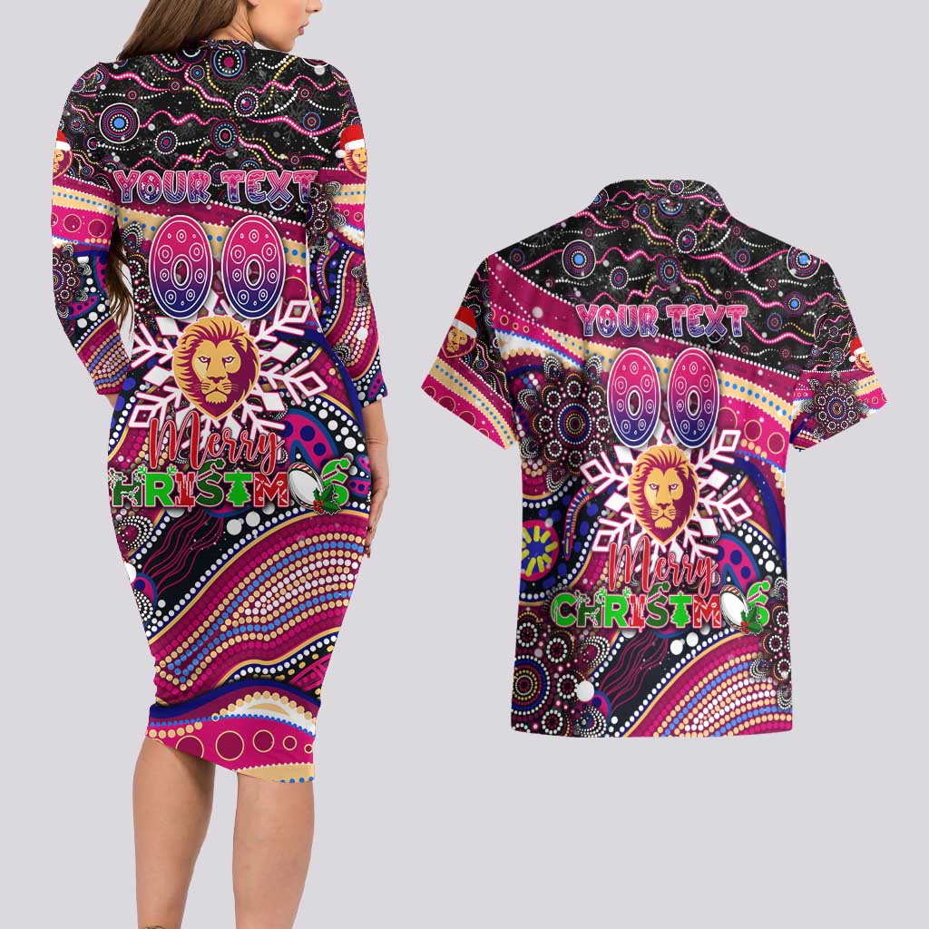 Merry Christmas AFL Brisbane Lions Couples Matching Long Sleeve Bodycon Dress and Hawaiian Shirt Aboriginal Santa Football Mascot