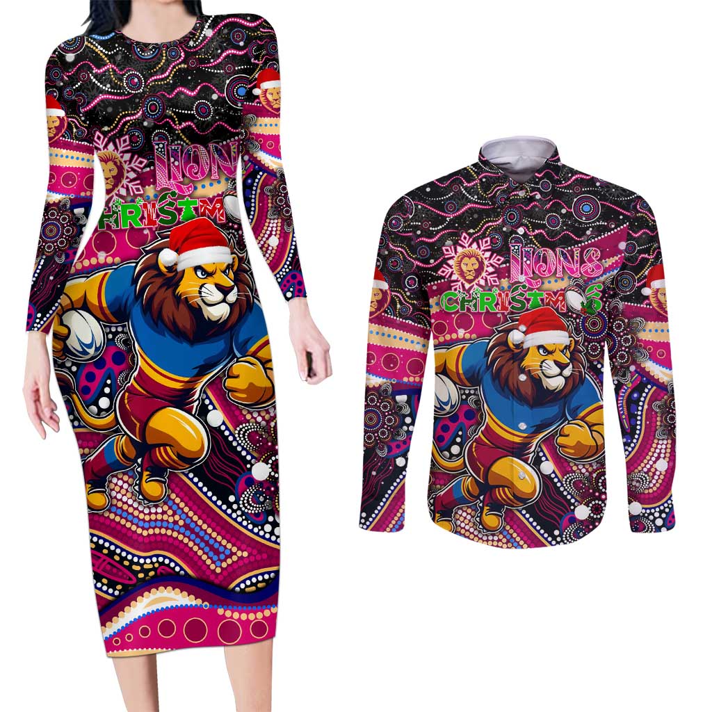 Merry Christmas AFL Brisbane Lions Couples Matching Long Sleeve Bodycon Dress and Long Sleeve Button Shirt Aboriginal Santa Football Mascot