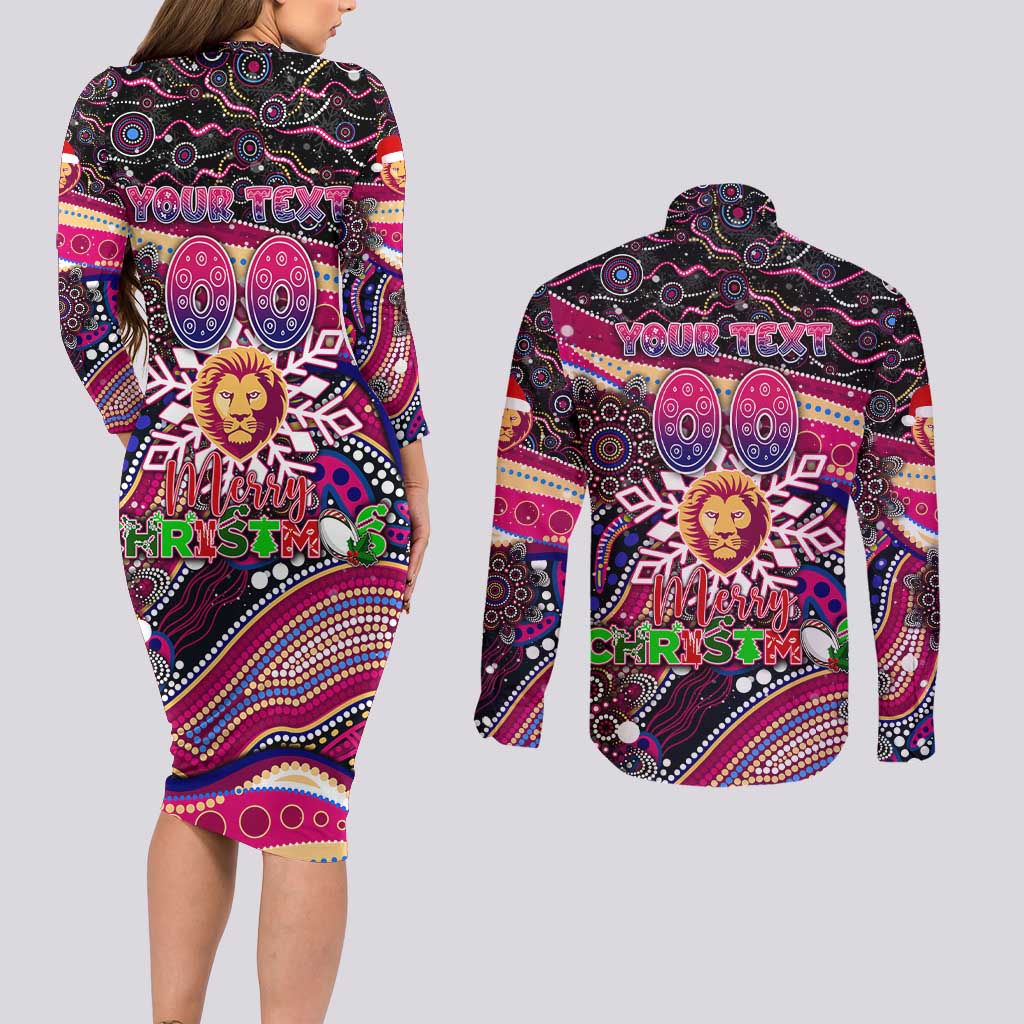 Merry Christmas AFL Brisbane Lions Couples Matching Long Sleeve Bodycon Dress and Long Sleeve Button Shirt Aboriginal Santa Football Mascot