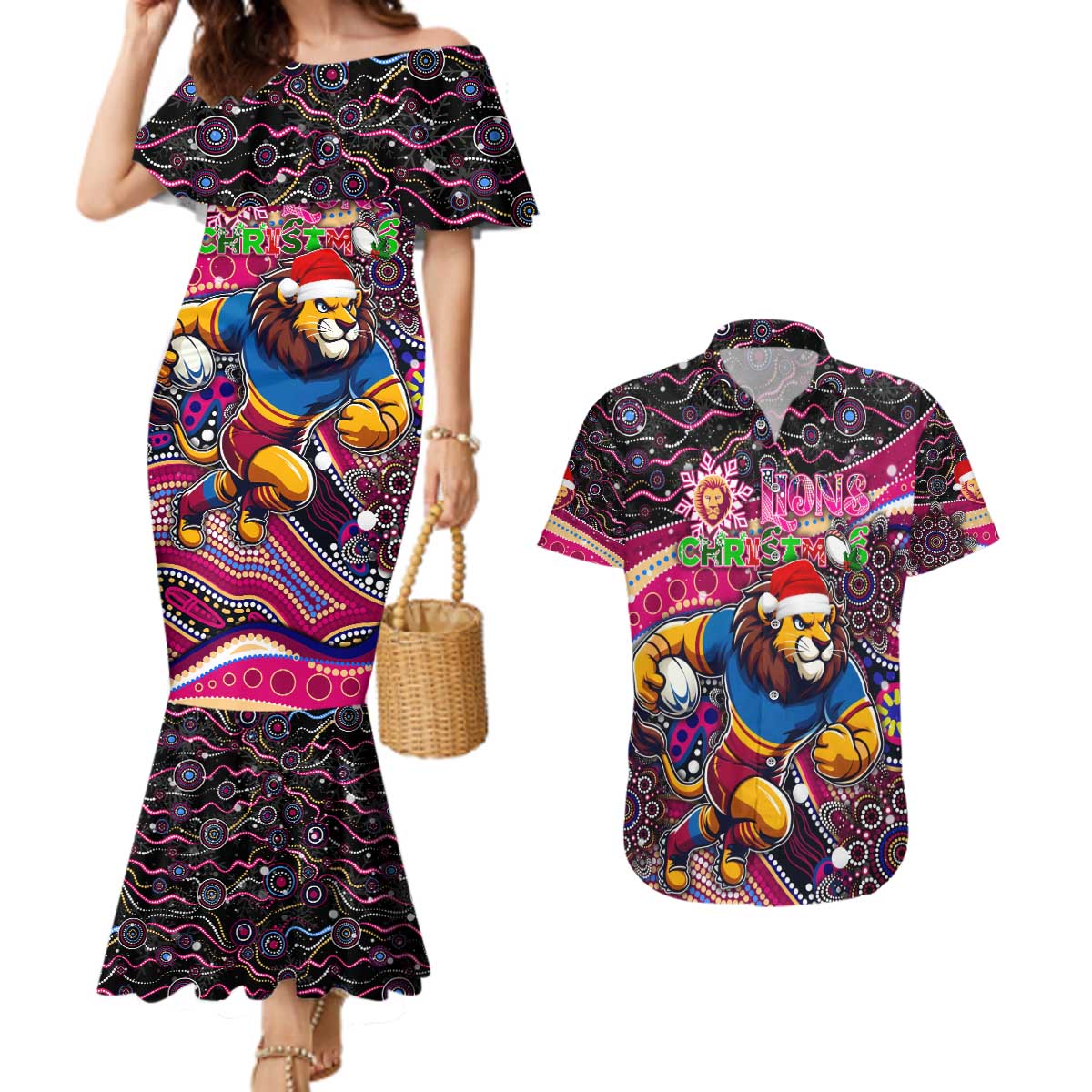 Merry Christmas AFL Brisbane Lions Couples Matching Mermaid Dress and Hawaiian Shirt Aboriginal Santa Football Mascot