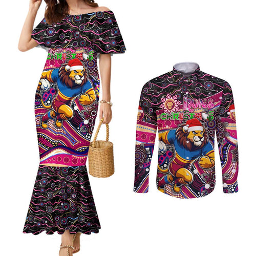 Merry Christmas AFL Brisbane Lions Couples Matching Mermaid Dress and Long Sleeve Button Shirt Aboriginal Santa Football Mascot
