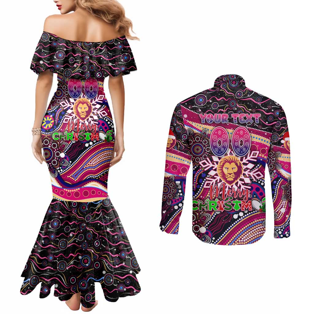 Merry Christmas AFL Brisbane Lions Couples Matching Mermaid Dress and Long Sleeve Button Shirt Aboriginal Santa Football Mascot