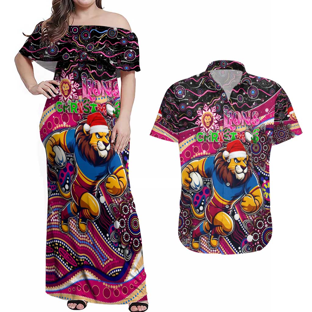 Merry Christmas AFL Brisbane Lions Couples Matching Off Shoulder Maxi Dress and Hawaiian Shirt Aboriginal Santa Football Mascot