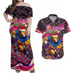 Merry Christmas AFL Brisbane Lions Couples Matching Off Shoulder Maxi Dress and Hawaiian Shirt Aboriginal Santa Football Mascot