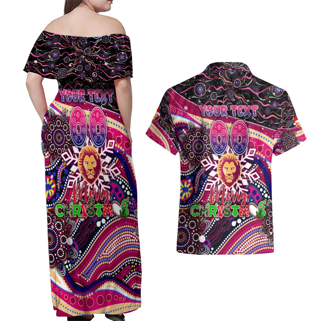 Merry Christmas AFL Brisbane Lions Couples Matching Off Shoulder Maxi Dress and Hawaiian Shirt Aboriginal Santa Football Mascot