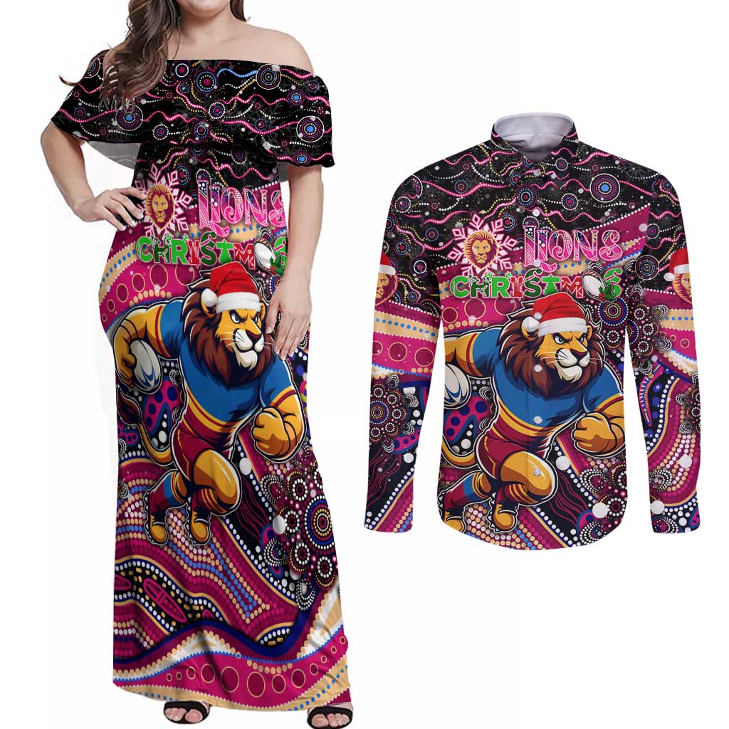 Merry Christmas AFL Brisbane Lions Couples Matching Off Shoulder Maxi Dress and Long Sleeve Button Shirt Aboriginal Santa Football Mascot