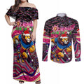 Merry Christmas AFL Brisbane Lions Couples Matching Off Shoulder Maxi Dress and Long Sleeve Button Shirt Aboriginal Santa Football Mascot