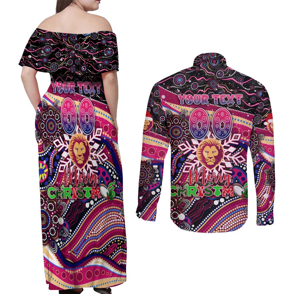 Merry Christmas AFL Brisbane Lions Couples Matching Off Shoulder Maxi Dress and Long Sleeve Button Shirt Aboriginal Santa Football Mascot
