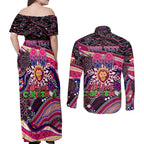 Merry Christmas AFL Brisbane Lions Couples Matching Off Shoulder Maxi Dress and Long Sleeve Button Shirt Aboriginal Santa Football Mascot