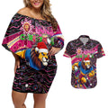 Merry Christmas AFL Brisbane Lions Couples Matching Off Shoulder Short Dress and Hawaiian Shirt Aboriginal Santa Football Mascot