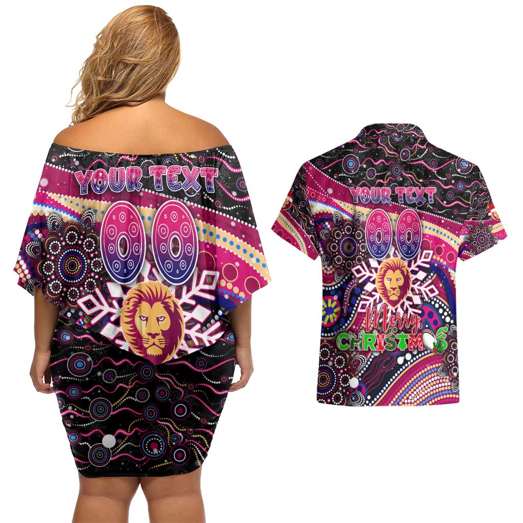 Merry Christmas AFL Brisbane Lions Couples Matching Off Shoulder Short Dress and Hawaiian Shirt Aboriginal Santa Football Mascot