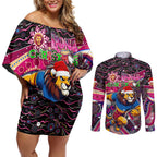 Merry Christmas AFL Brisbane Lions Couples Matching Off Shoulder Short Dress and Long Sleeve Button Shirt Aboriginal Santa Football Mascot