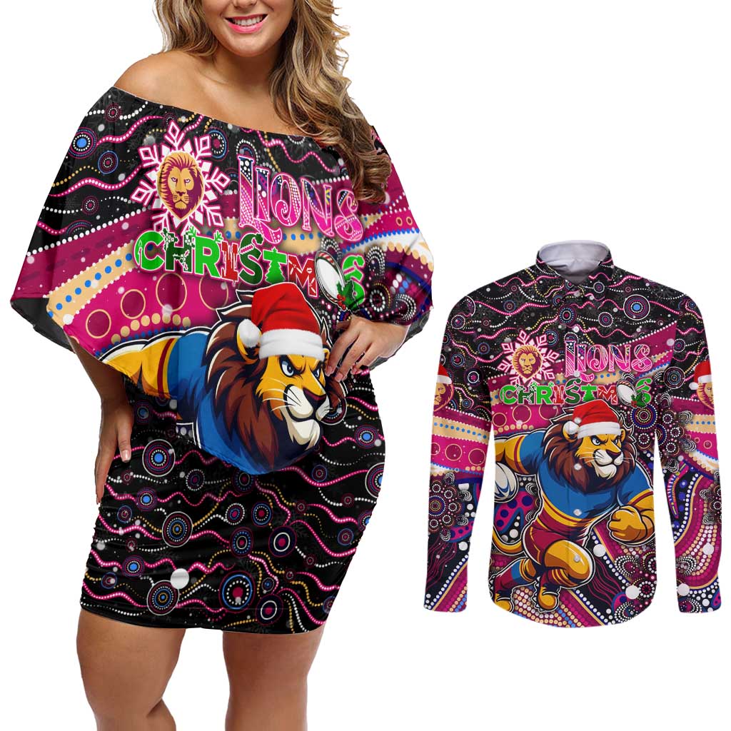 Merry Christmas AFL Brisbane Lions Couples Matching Off Shoulder Short Dress and Long Sleeve Button Shirt Aboriginal Santa Football Mascot
