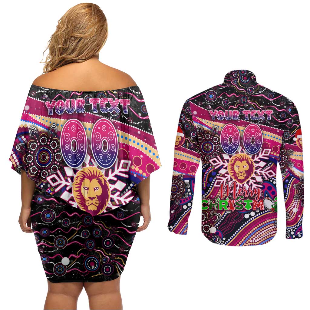 Merry Christmas AFL Brisbane Lions Couples Matching Off Shoulder Short Dress and Long Sleeve Button Shirt Aboriginal Santa Football Mascot