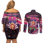 Merry Christmas AFL Brisbane Lions Couples Matching Off Shoulder Short Dress and Long Sleeve Button Shirt Aboriginal Santa Football Mascot