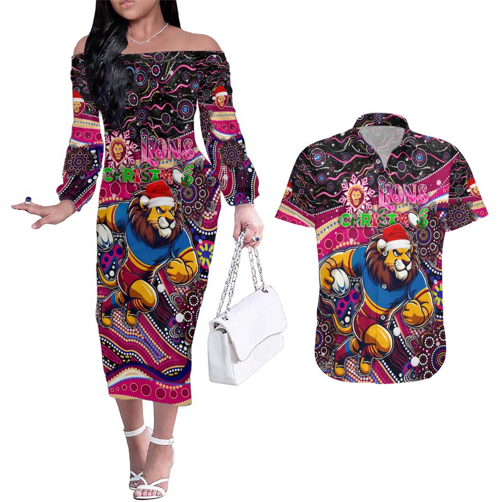 Merry Christmas AFL Brisbane Lions Couples Matching Off The Shoulder Long Sleeve Dress and Hawaiian Shirt Aboriginal Santa Football Mascot
