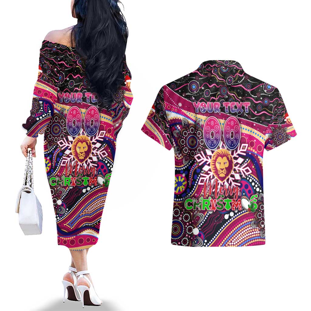 Merry Christmas AFL Brisbane Lions Couples Matching Off The Shoulder Long Sleeve Dress and Hawaiian Shirt Aboriginal Santa Football Mascot