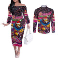 Merry Christmas AFL Brisbane Lions Couples Matching Off The Shoulder Long Sleeve Dress and Long Sleeve Button Shirt Aboriginal Santa Football Mascot