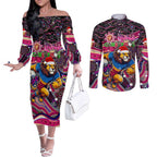 Merry Christmas AFL Brisbane Lions Couples Matching Off The Shoulder Long Sleeve Dress and Long Sleeve Button Shirt Aboriginal Santa Football Mascot