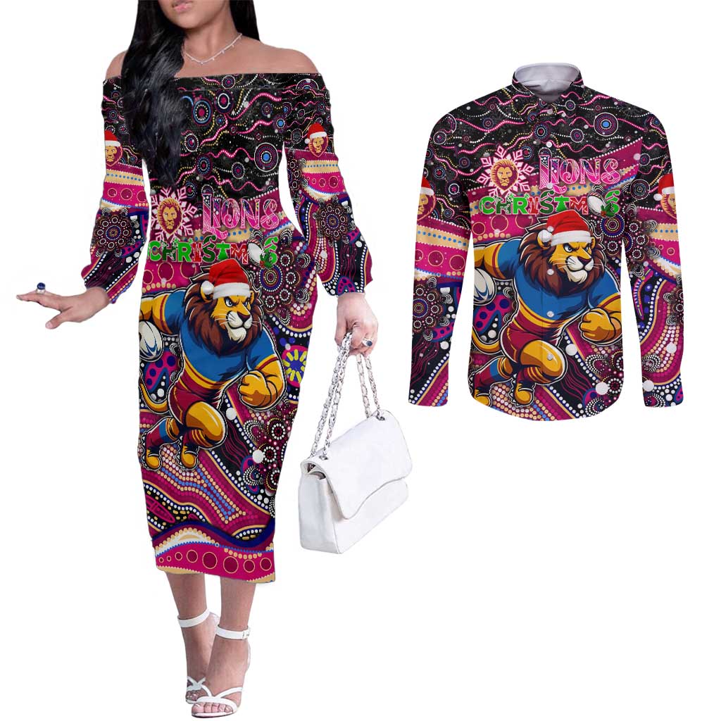 Merry Christmas AFL Brisbane Lions Couples Matching Off The Shoulder Long Sleeve Dress and Long Sleeve Button Shirt Aboriginal Santa Football Mascot