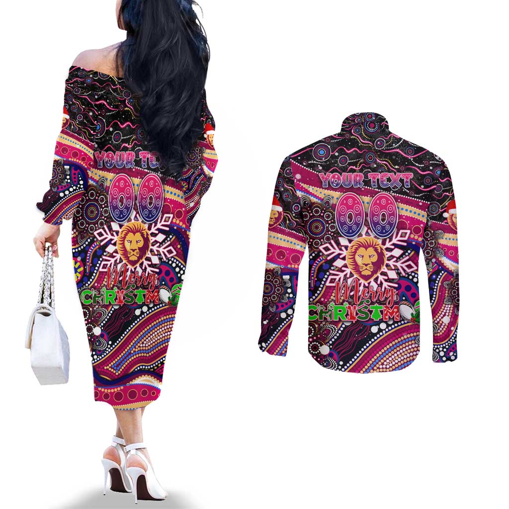 Merry Christmas AFL Brisbane Lions Couples Matching Off The Shoulder Long Sleeve Dress and Long Sleeve Button Shirt Aboriginal Santa Football Mascot