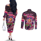 Merry Christmas AFL Brisbane Lions Couples Matching Off The Shoulder Long Sleeve Dress and Long Sleeve Button Shirt Aboriginal Santa Football Mascot