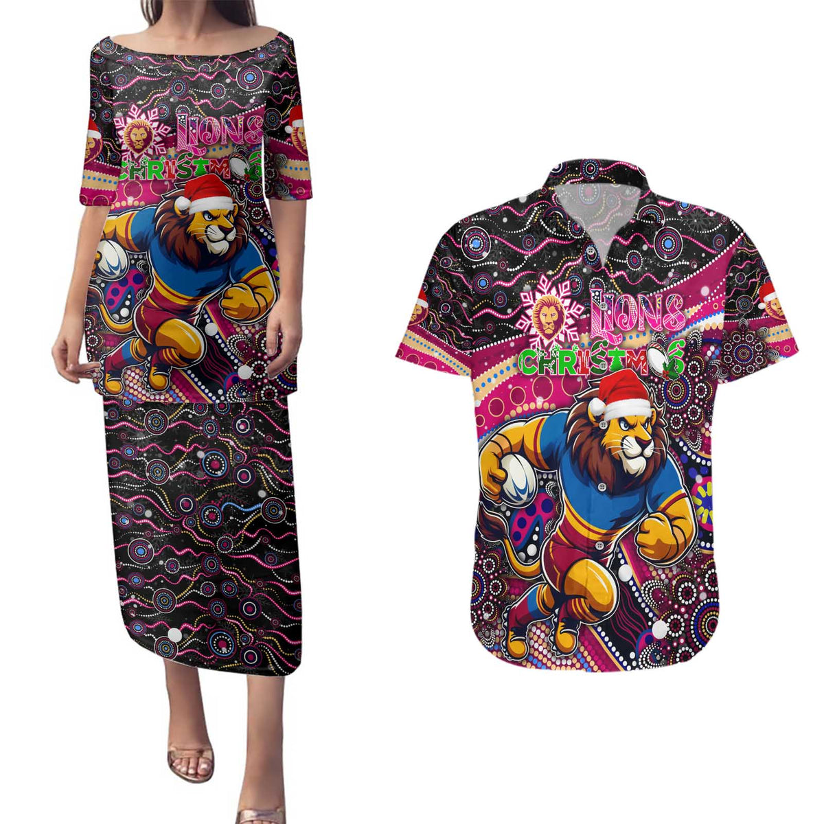 Merry Christmas AFL Brisbane Lions Couples Matching Puletasi and Hawaiian Shirt Aboriginal Santa Football Mascot