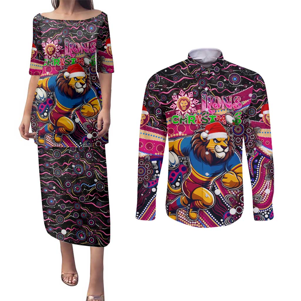 Merry Christmas AFL Brisbane Lions Couples Matching Puletasi and Long Sleeve Button Shirt Aboriginal Santa Football Mascot