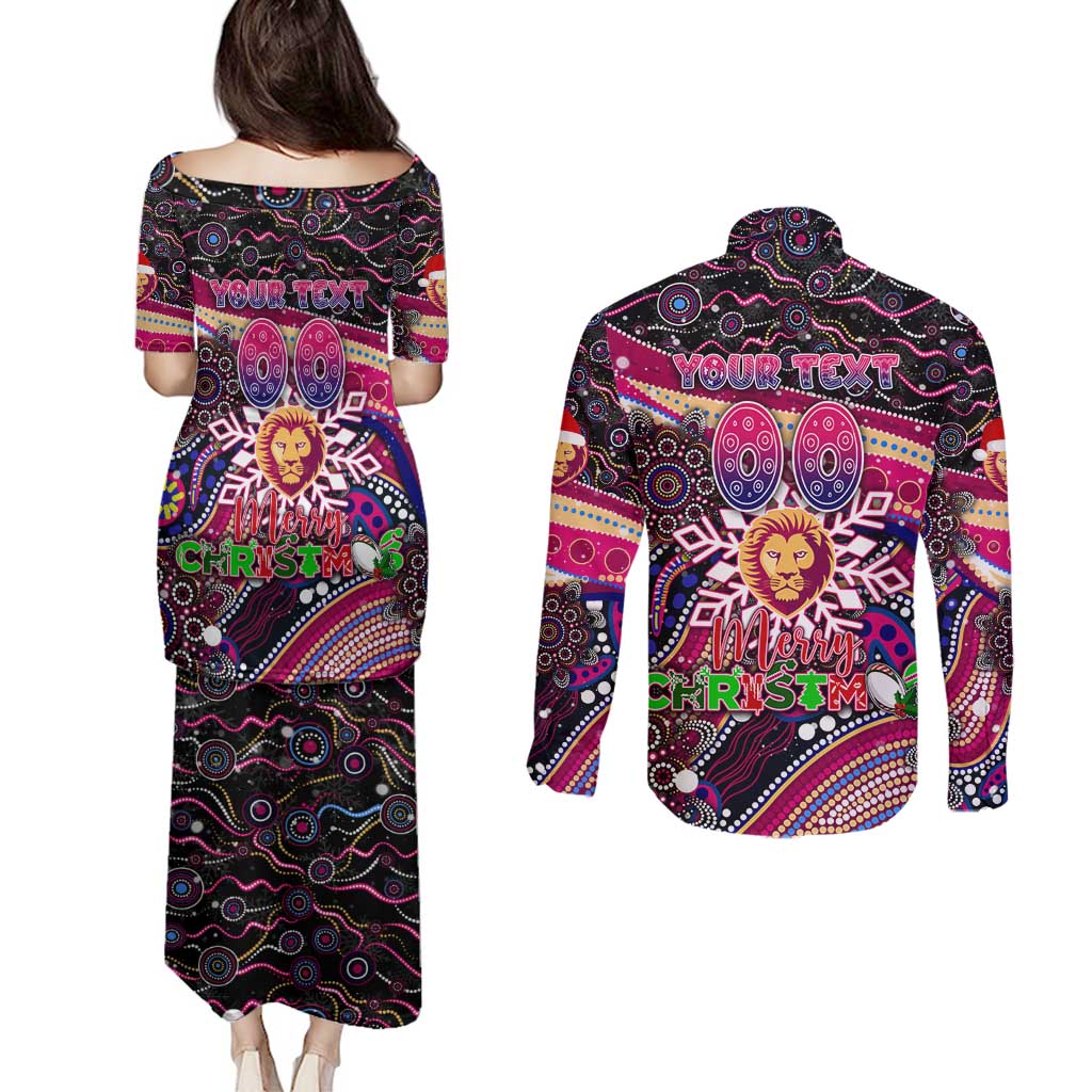 Merry Christmas AFL Brisbane Lions Couples Matching Puletasi and Long Sleeve Button Shirt Aboriginal Santa Football Mascot