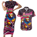 Merry Christmas AFL Brisbane Lions Couples Matching Short Sleeve Bodycon Dress and Hawaiian Shirt Aboriginal Santa Football Mascot