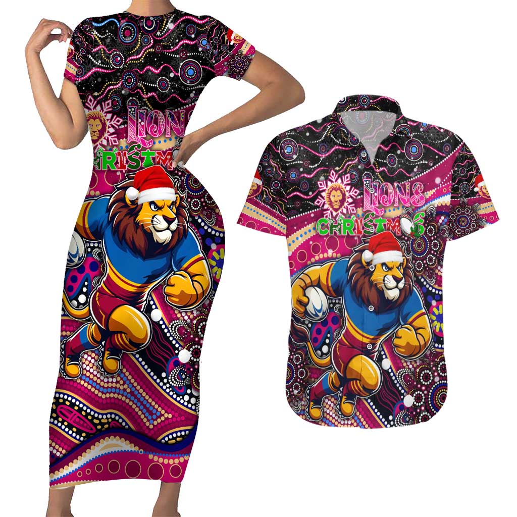 Merry Christmas AFL Brisbane Lions Couples Matching Short Sleeve Bodycon Dress and Hawaiian Shirt Aboriginal Santa Football Mascot