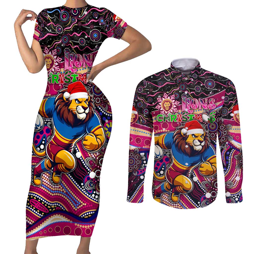 Merry Christmas AFL Brisbane Lions Couples Matching Short Sleeve Bodycon Dress and Long Sleeve Button Shirt Aboriginal Santa Football Mascot