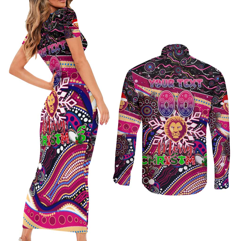 Merry Christmas AFL Brisbane Lions Couples Matching Short Sleeve Bodycon Dress and Long Sleeve Button Shirt Aboriginal Santa Football Mascot