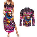 Merry Christmas AFL Brisbane Lions Couples Matching Summer Maxi Dress and Long Sleeve Button Shirt Aboriginal Santa Football Mascot