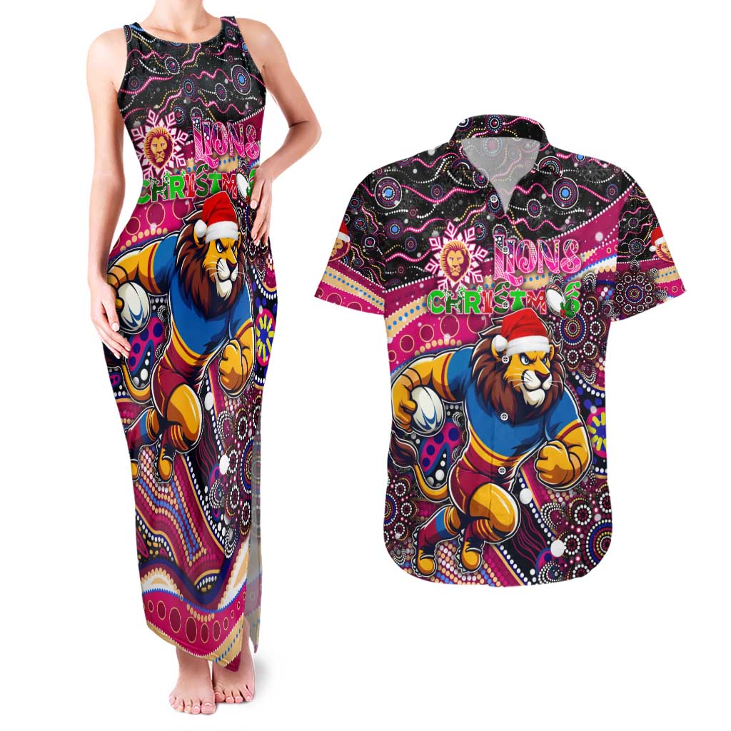 Merry Christmas AFL Brisbane Lions Couples Matching Tank Maxi Dress and Hawaiian Shirt Aboriginal Santa Football Mascot