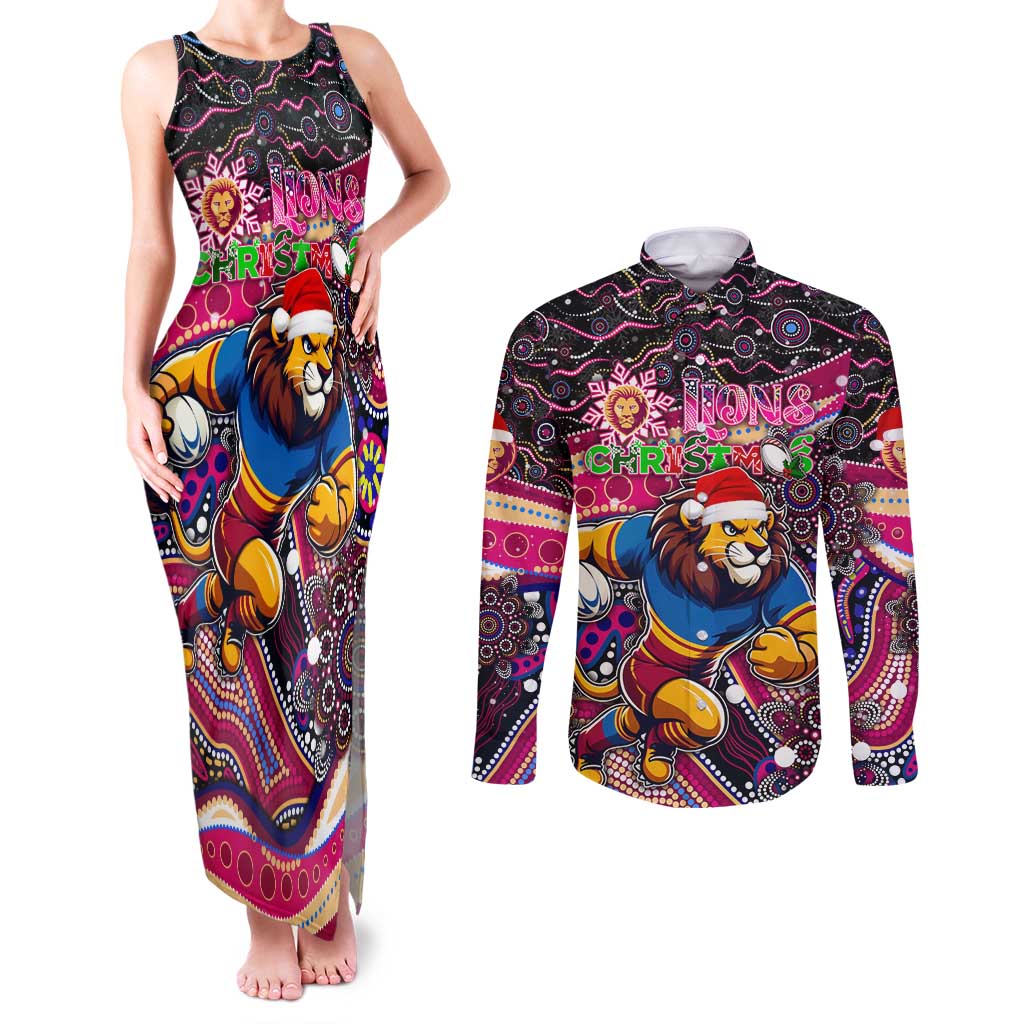 Merry Christmas AFL Brisbane Lions Couples Matching Tank Maxi Dress and Long Sleeve Button Shirt Aboriginal Santa Football Mascot